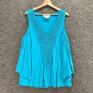 Green Dragon Blouse Women M Medium Blue Crochet Cold Shoulder Long Sleeve Rayon